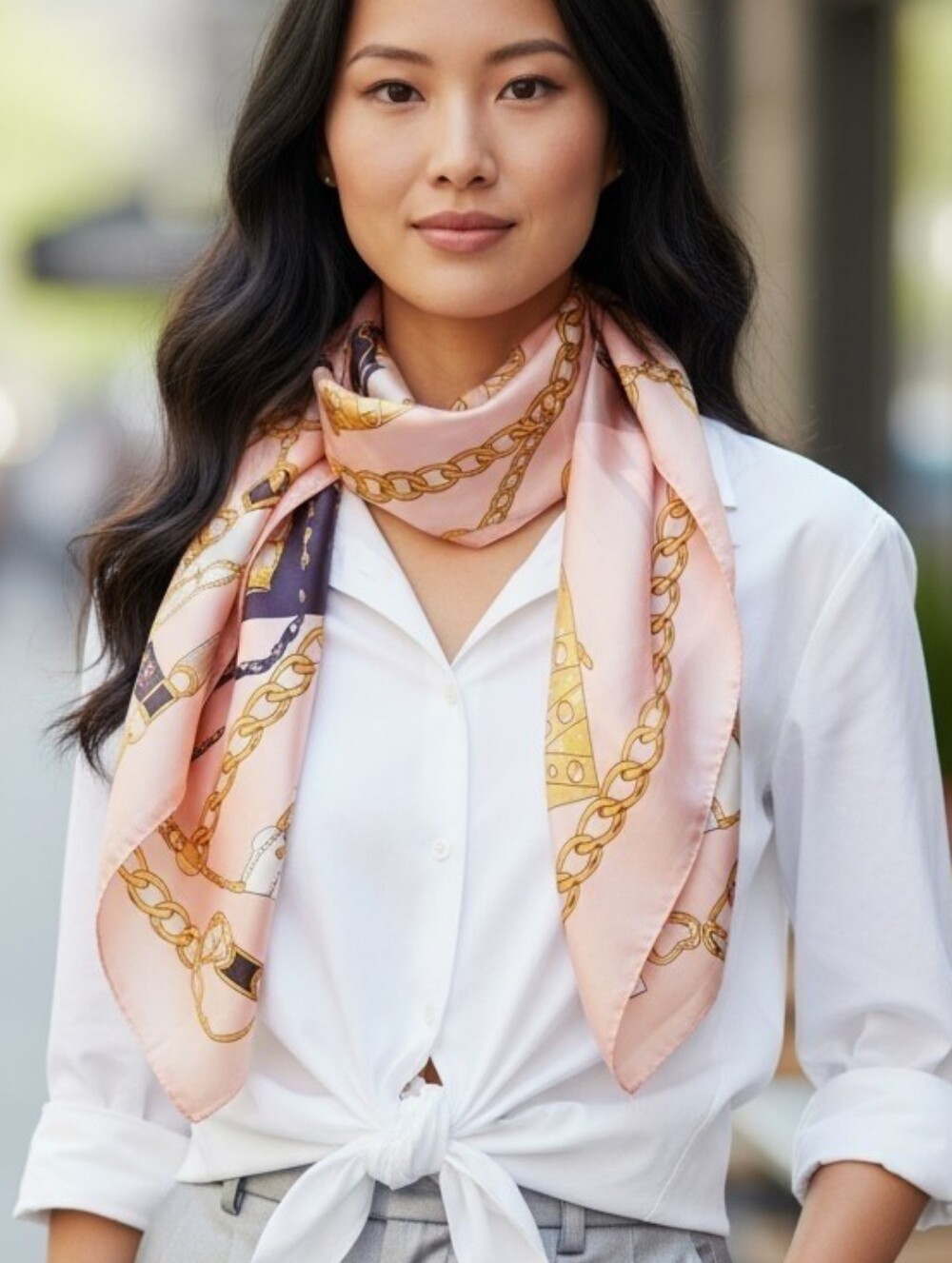 Silky Chain-Print Peach-Pink Women's Scarf